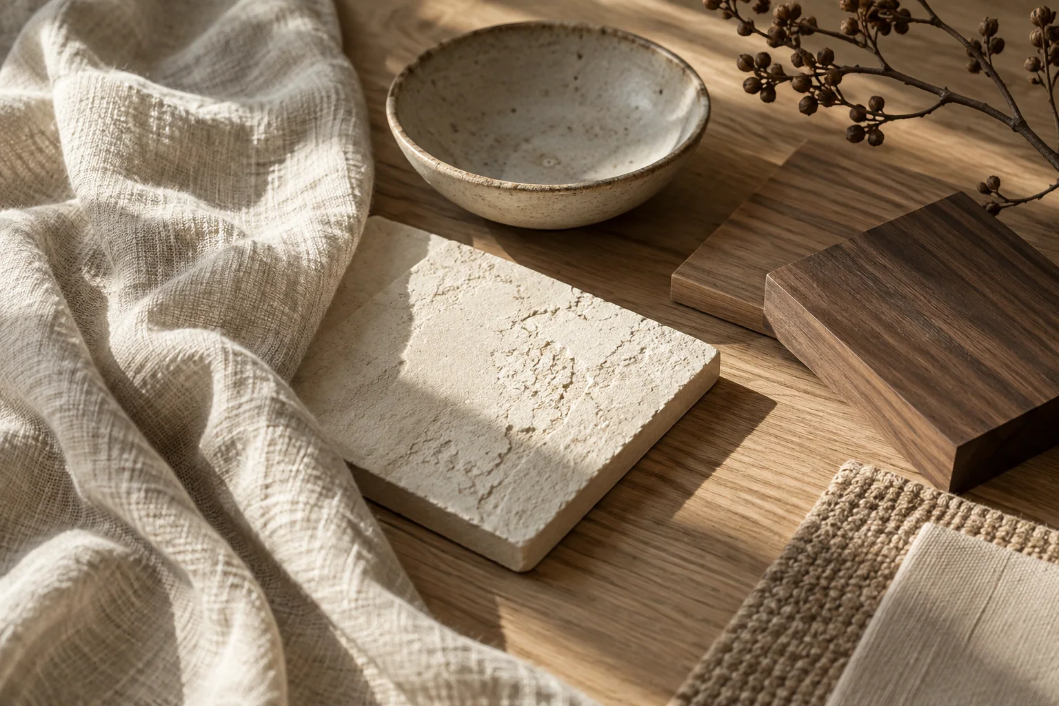 Illustrative natural linen, oak and plaster material samples